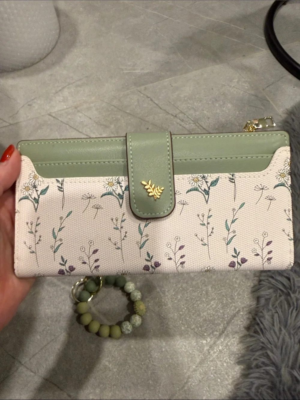 Floral Printed Wristlet Wallet with Sage Trim and Wristlet Bracelet